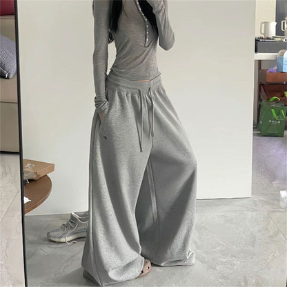Oversize Woman Grey Black Sweatpants Y2K Korean Streetwear Loose Casual Jogger Pants High Waist All Match Drawstring Trousers