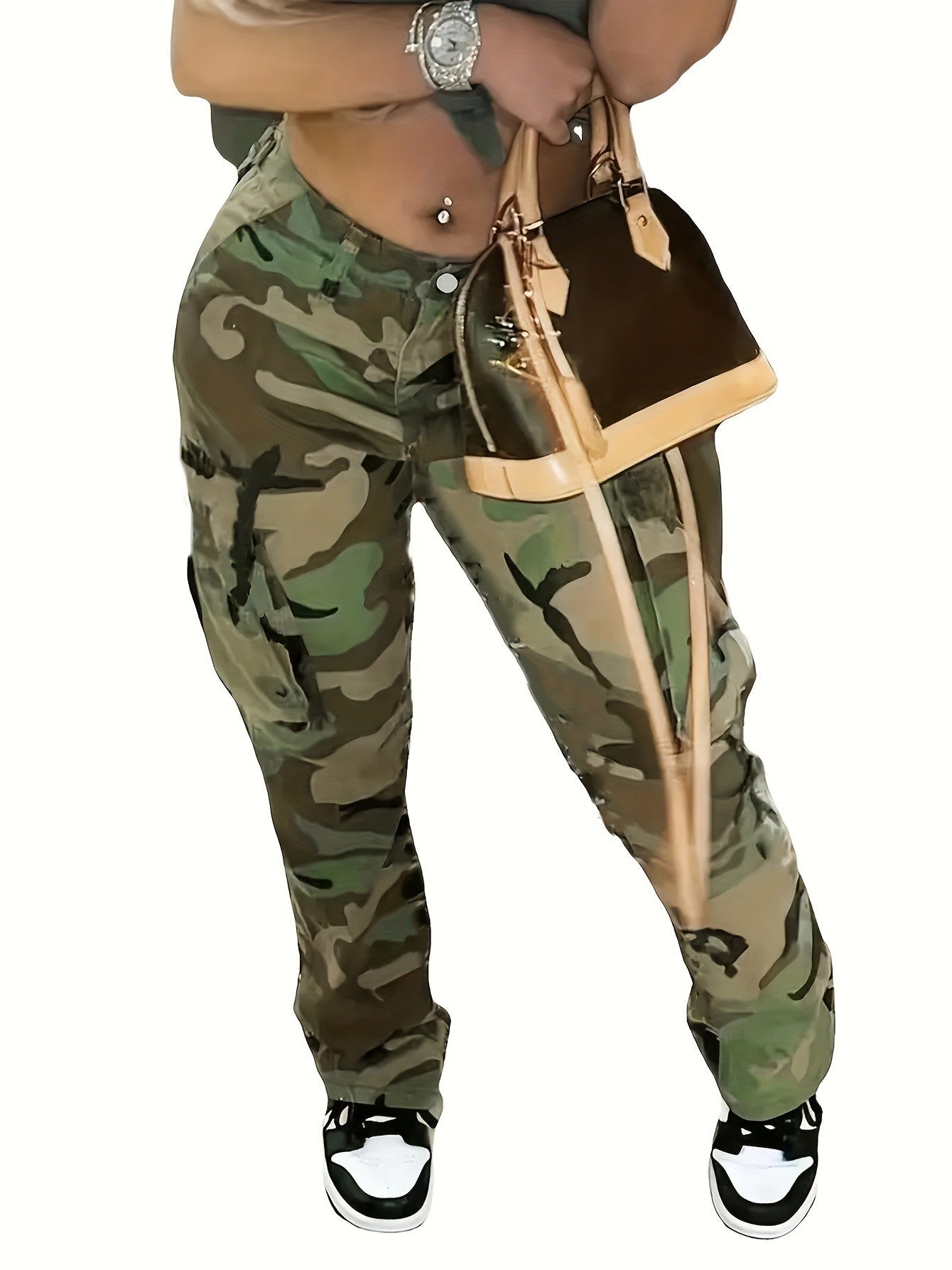 Women's Plus-Size Camo Denim Pants - Stretchy Boyfriend Fit, Street Style Cargo Jeans