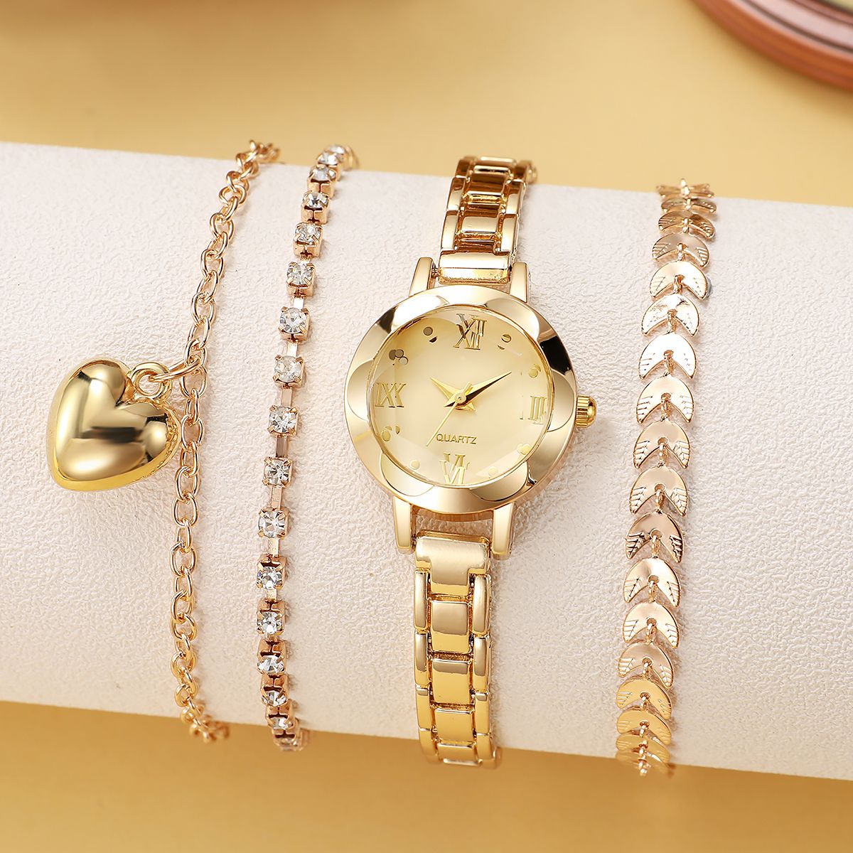 Women's Roman Numeral Gold Quartz Watch 4-Piece Set, Fashionable Quartz Watch Set with Diamond-Studded Bracelet