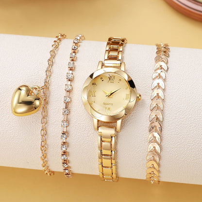 Women's Roman Numeral Gold Quartz Watch 4-Piece Set, Fashionable Quartz Watch Set with Diamond-Studded Bracelet