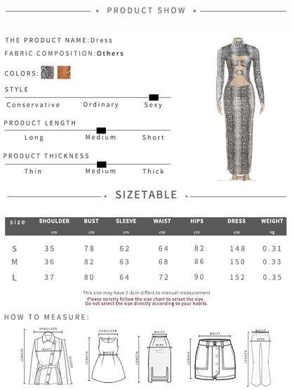 Weird Puss Sexy Snakeskin Maxi Dress Women Chest Hollow Metal Ring Turtleneck Peach Hip Hipster Street Stretch Skinny Bodycon