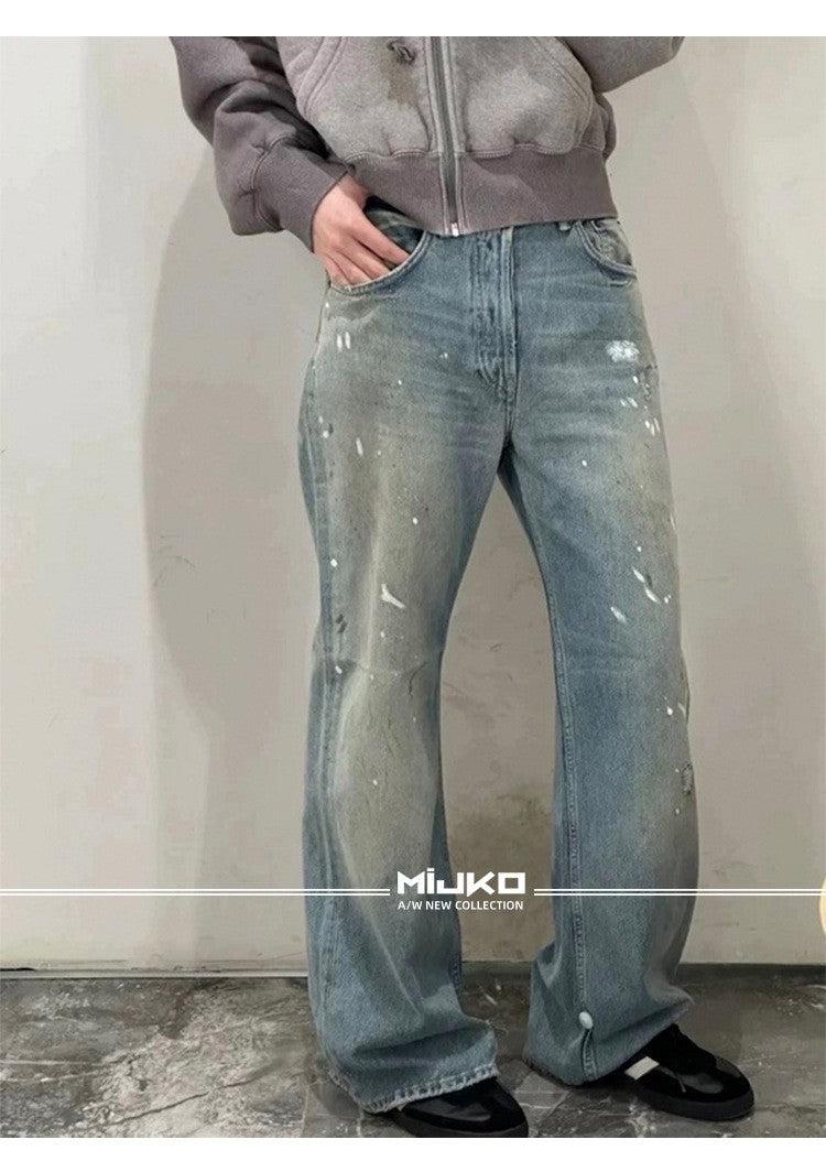 MIJKO Tie Dye Splatter Paint Denim Jeans Men's Loose Wide Leg Jeans American TJ131