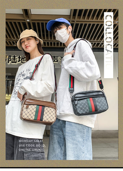 Casual Lightweight Sling Bag with Color Block Strap for Men PU Leather Messenger Bag Trend Wide Strap Crossbody Bags Designer