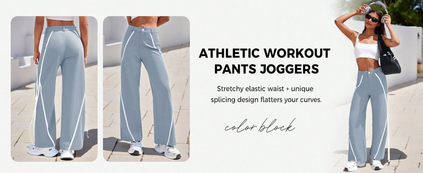 Fisoew Womens Casual Track Pants Straight Leg Trousers Splicing Line Wide Leg Pants Athletic Workout Sweatpants