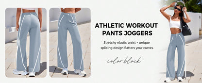 Fisoew Womens Casual Track Pants Straight Leg Trousers Splicing Line Wide Leg Pants Athletic Workout Sweatpants
