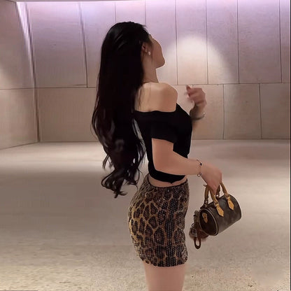 Dulzura Summer Latest Fashion Elegant High Waist Sequins Sexy Slim Leopard Print Short Skirt Party Club Street Clothes Wholesale