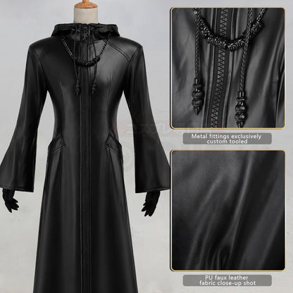 HOLOUN Organization XIII Cosplay Costume Game KH Convention Halloween Christmas Black Hooded Faux Leather Coat Necklace Gloves