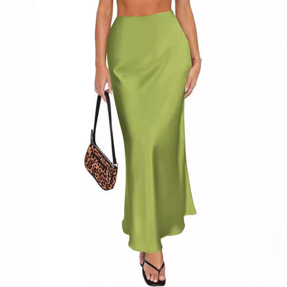 Women Summer Beige Long Skirts Trends 2025 High Waist Maxi Summer Skirt Rayon Silk Pencil Side Slit Satin Skirts For Women