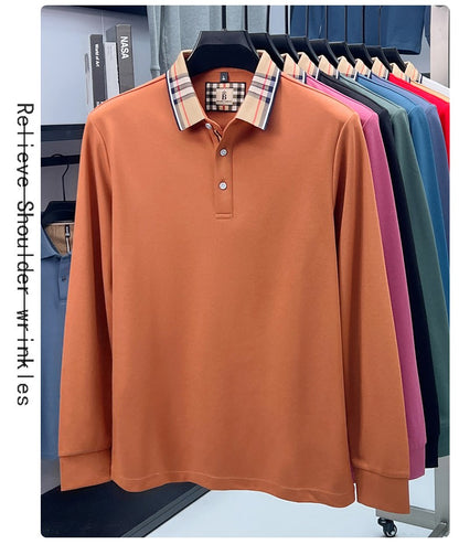 Luxury brand long sleeve polo shirt men comfortable casual autumn item silk cotton high-end Korean fashion plaid lapel T-shirt