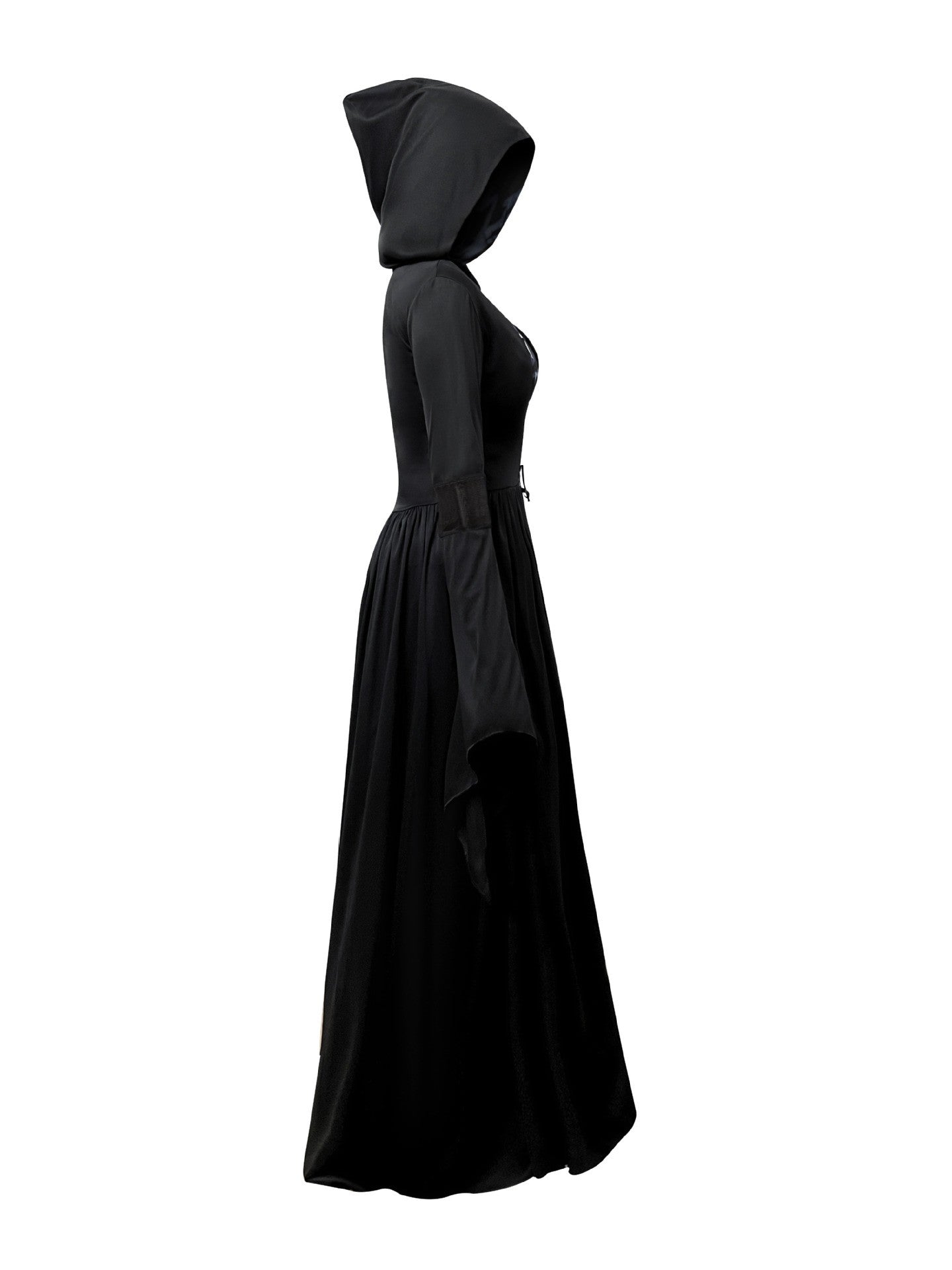 Halloween Witch Dress Gothic Vintage Dark-Style Hooded Vampire Dresses Bell Sleeves Full Skirt Waist Cinched Festival Party Gown