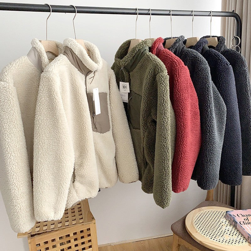 Autumn and Winter Japanese Men's and Women's Fleece Stand Neck Jacket Couple Zipper Loose Warm Lamb Wool Coat Solid Color Jacket