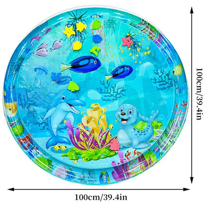1pc 100cm/39.4inch PVC Baby Playing Water Mat Blue Round Seal Pattern Toddler Pad Kids Early Education Activity Toys Mat Cushion