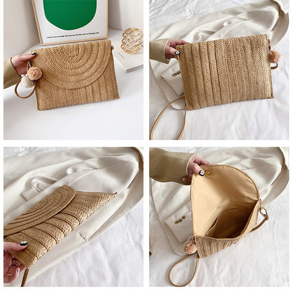 Handmade Ladies Straw Woven Bags Women Summer Holiday Beach Casual Clutch Purse Elegant Shoulder Handbag Raffia Envelope Wallets