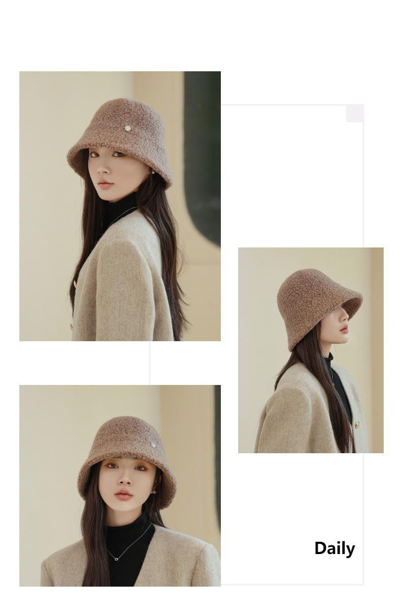 Chapéu Bucket Feminino Outono Inverno Lã Aba Larga Quebra-Sol Bob Cap Manter Quente Casual Vintage Acessórios de Chapéu Feminino