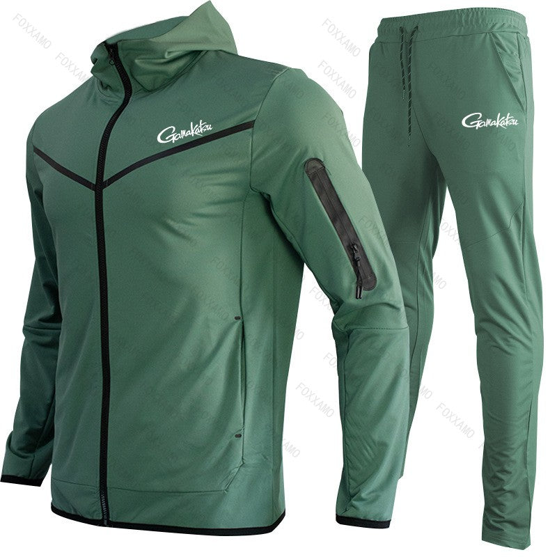 Gamakatsu Fishing Conjunto Completo Masculino Outono-Inverno com Capuz Jaqueta Esportiva Moletom Manga Longa Calças Justas Terno com Capuz
