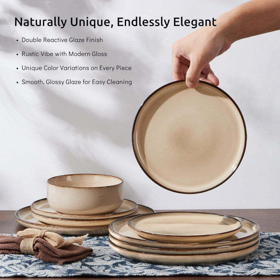24Piece Plates and Bowls Set Stoneware Dinnerware Sets for 8 Reactive Glaze Ceramic Dinning Ware Dishes Microwave and Dishwashe