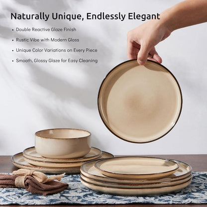24Piece Plates and Bowls Set Stoneware Dinnerware Sets for 8 Reactive Glaze Ceramic Dinning Ware Dishes Microwave and Dishwashe