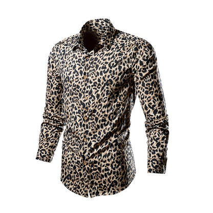 QJ CINGA Brand Men Leopard Print Long-sleeved Shirt, White Single-breasted Button-down Collar Printed Shirts, Asian Size M-6XL