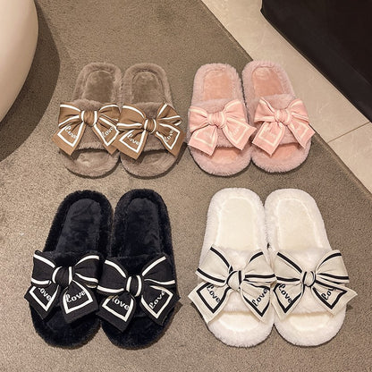 Casual Fluffy Slippers Women House Flats Fashion Winter Bowknot Love Designer Shoes Ladies Home Plush Platform Elegant Footwear