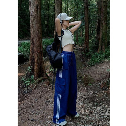 Women Casual Baggy Stripe Cargo Pants Solid Low Waist Joggers Pants Drawstring Wide Leg Baggy Trousers Y2K Streetwear Sweatpants