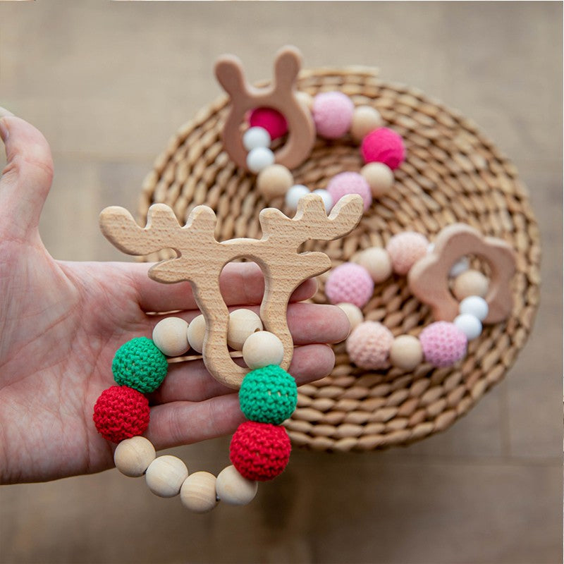 Wooden Rattle Teether Baby Toys Crochet Beads Baby Teether Baby Nursing Bracelet Rattle Chewable Teething Beads For Kids Gifts