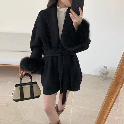 New Natural Fox Fur Thick Double-sided Wool Coat Female Short Autumn Winter Loose Lace-up Woolen Coats Women Fashion Overcoats