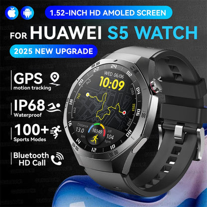 Smartwatch GUHUAVMI GT5 Pro 2025 Masculino com Tela HD AMOLED, GPS, Monitor de Trajetória de Movimento, Frequência Cardíaca, Chamada Bluetooth e 1.52", IP68