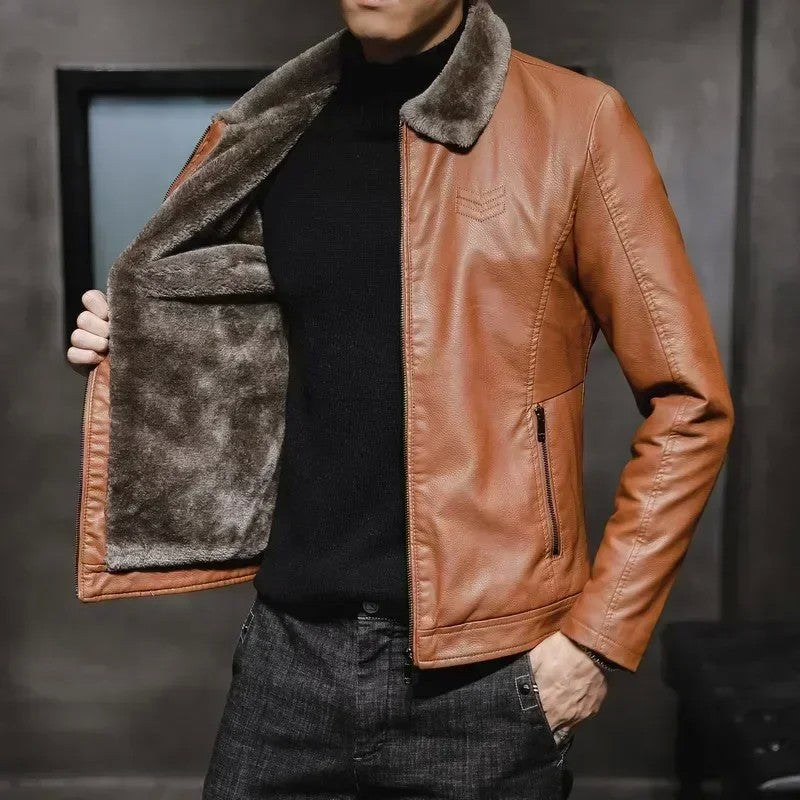 Vintage Brown Leather Jacket Men's Winter Faux Fur Collar Windproof Warm Coat Male Luxury Clothing Brand chaqueta cuero hombre