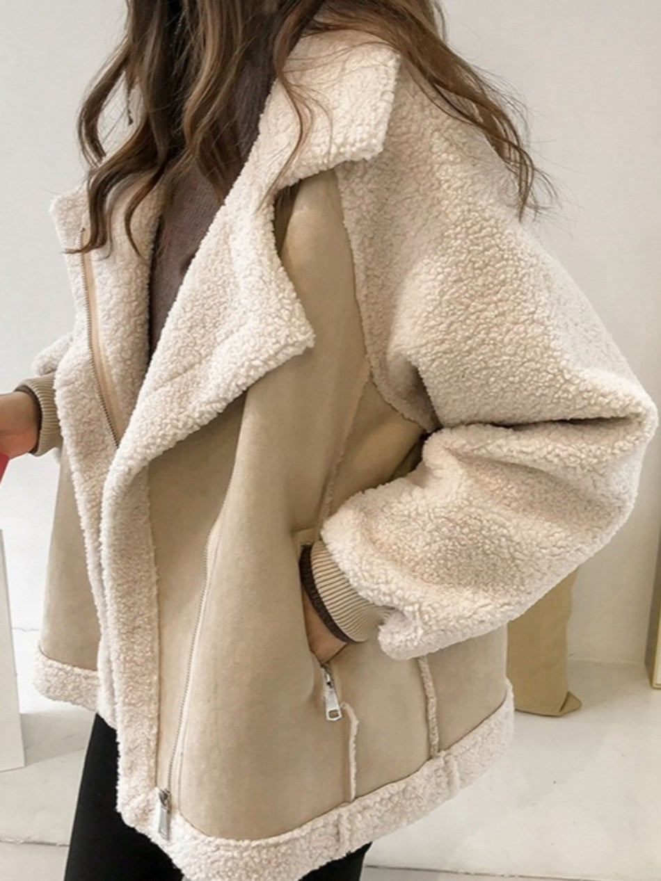 Autumn Winter New in Loose Retro Fur Integrated Suede Jacket Women's Short Casual Warm Lamb Fleece Motorcycle Jacket Tops