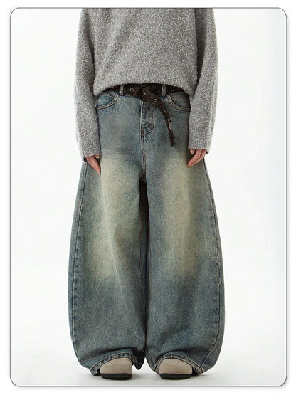 Men's Wear Blue Wide-Leg Denim Pants Baggy Jeans Vintage Three-Dimensional Cut Curved Knife Jeans Loose Fit Summer New Trend