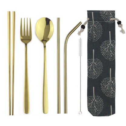 Conjunto de Talheres Portátil de Viagem JANKNG em Aço Inoxidável 304 com Garfo, Colher, Hashi, Canudo, Talheres Arco-Íris com Bolsa
