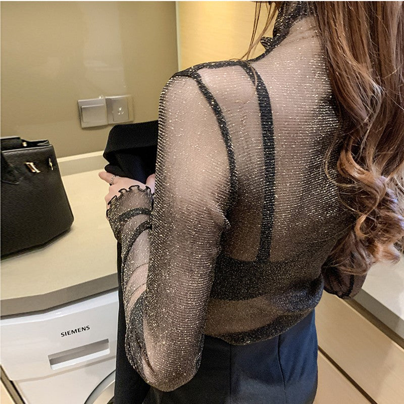 Spring Summer Women's Sexy See Through Mesh Blouse Long Sleeve Transparent Shining Elegant Shirt Fashion Women Tops 2025