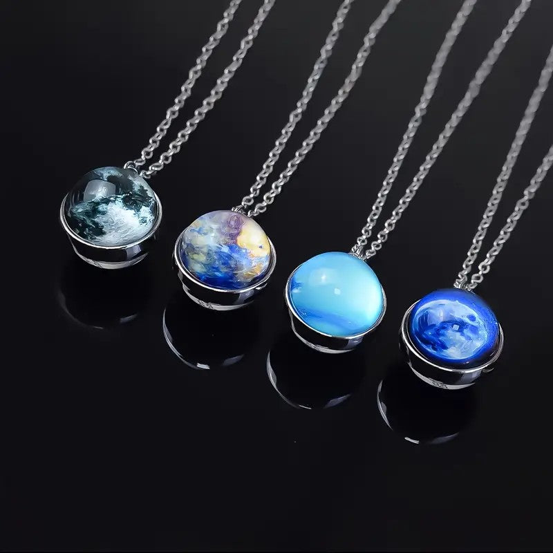 Colar com Pingente de Bola de Vidro Planeta Dupla Face Galáxia Sol Terra Lua Marte Joias