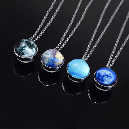 Colar com Pingente de Bola de Vidro Planeta Dupla Face Galáxia Sol Terra Lua Marte Joias