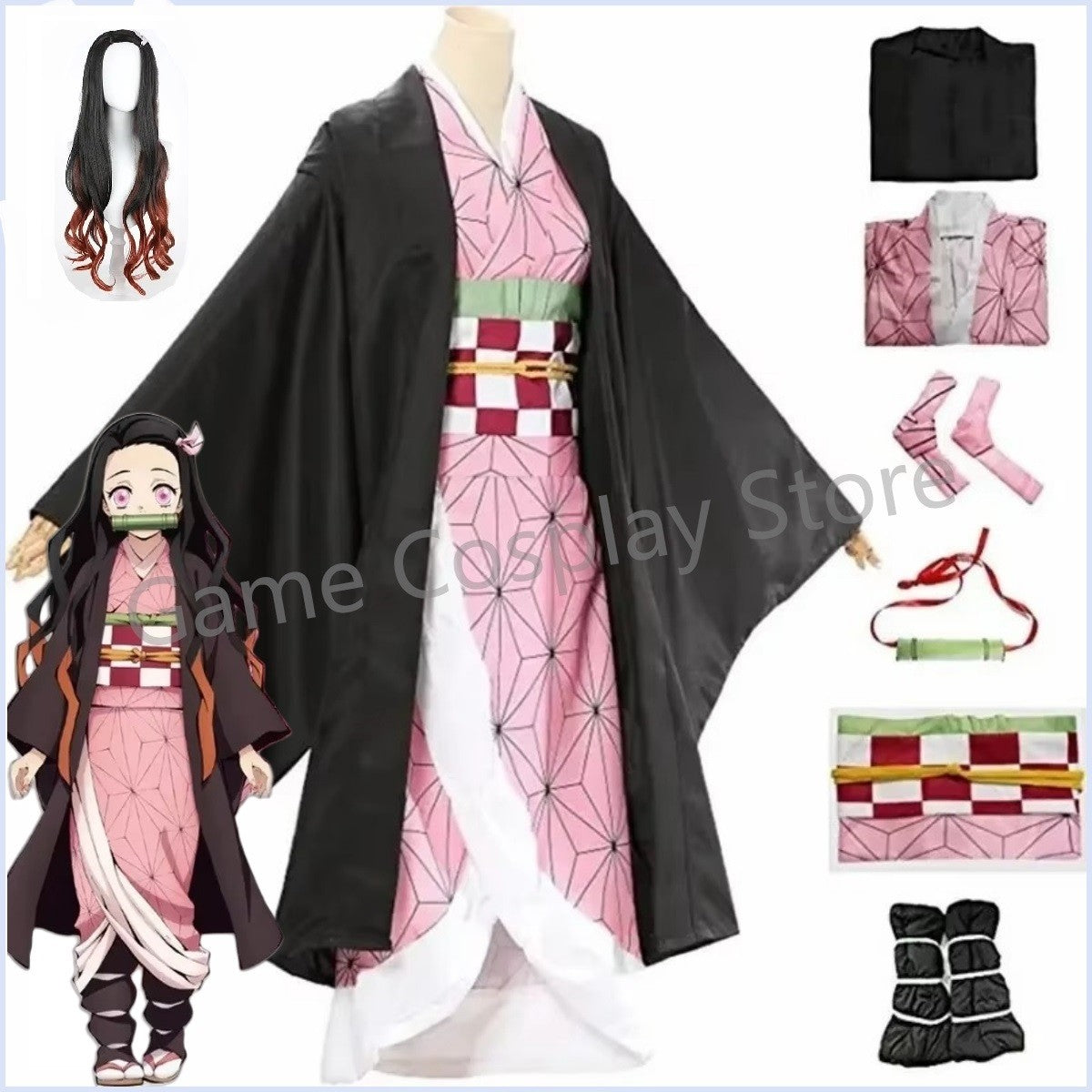 Anime Nezuko Cosplay Kamado Nezuko Cosplay Costume Nezuko Wig Uniform with Props for Adult Kids Halloween Carnival Costumes