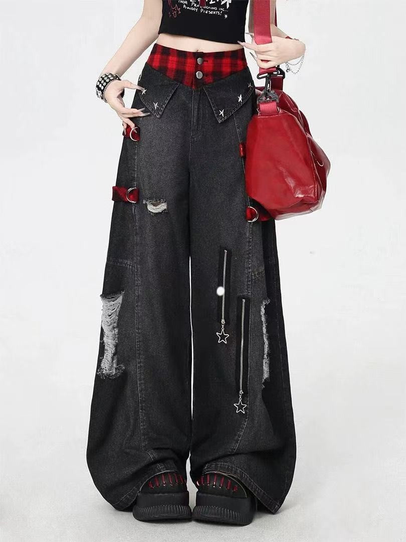 Y2K Red Gothic Hip-Hop Hole Vintage Jeans Girl High Street Trend American Baggy Wash Overall Belt Splicing Woman Wide-leg Pants