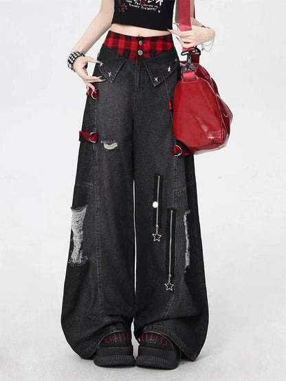 Y2K Red Gothic Hip-Hop Hole Vintage Jeans Girl High Street Trend American Baggy Wash Overall Belt Splicing Woman Wide-leg Pants