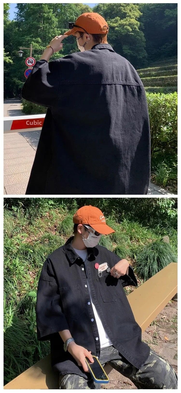 Retro Japanese Style Pocket Badge Denim Short Sleeve Casual Shirt Men's Loose Collar Jacket Trendy Summer Clothing