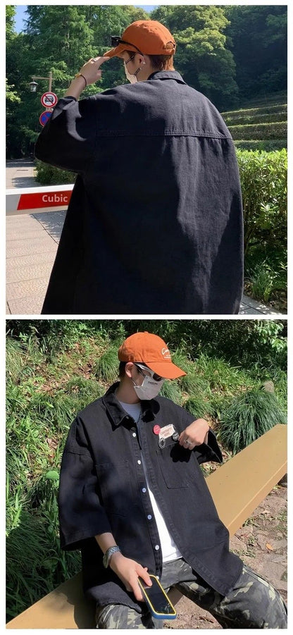 Retro Japanese Style Pocket Badge Denim Short Sleeve Casual Shirt Men's Loose Collar Jacket Trendy Summer Clothing