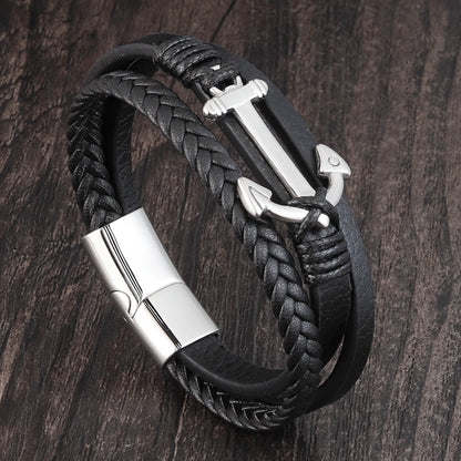 Pulseiras de Âncora Punk de Aço Inoxidável Pulseira de Couro Genuíno e Braceletes Masculinos Joias Pretas Presente de Moda
