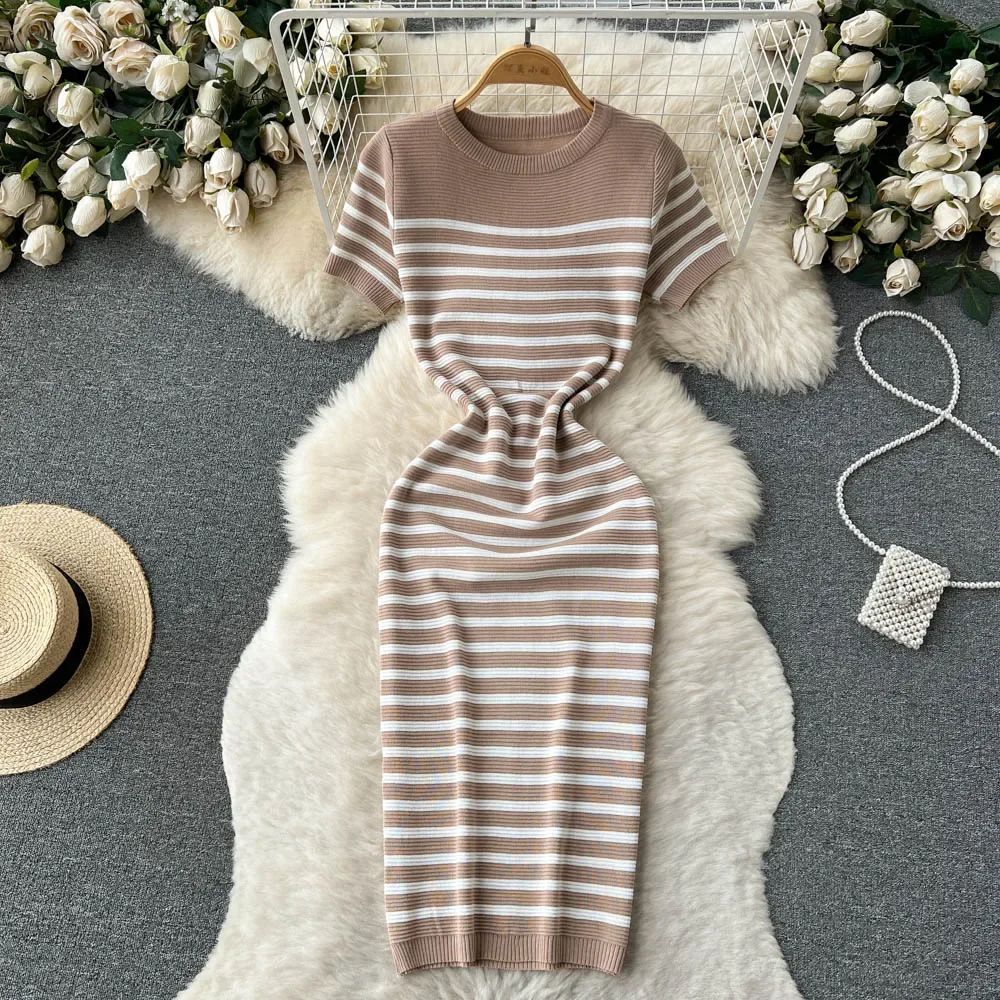 Summer Striped Beach Knitted Dress O Neck Short Sleeves Chic Hotsweet Slim Sundr
