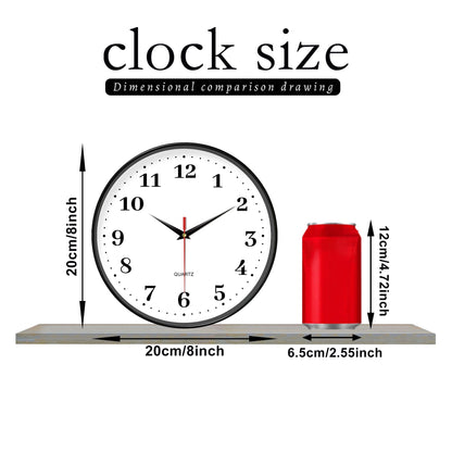 An 8-inch silent wall clock, modern white wall clock with simple design, battery operated quartz clock, adorns the family living
