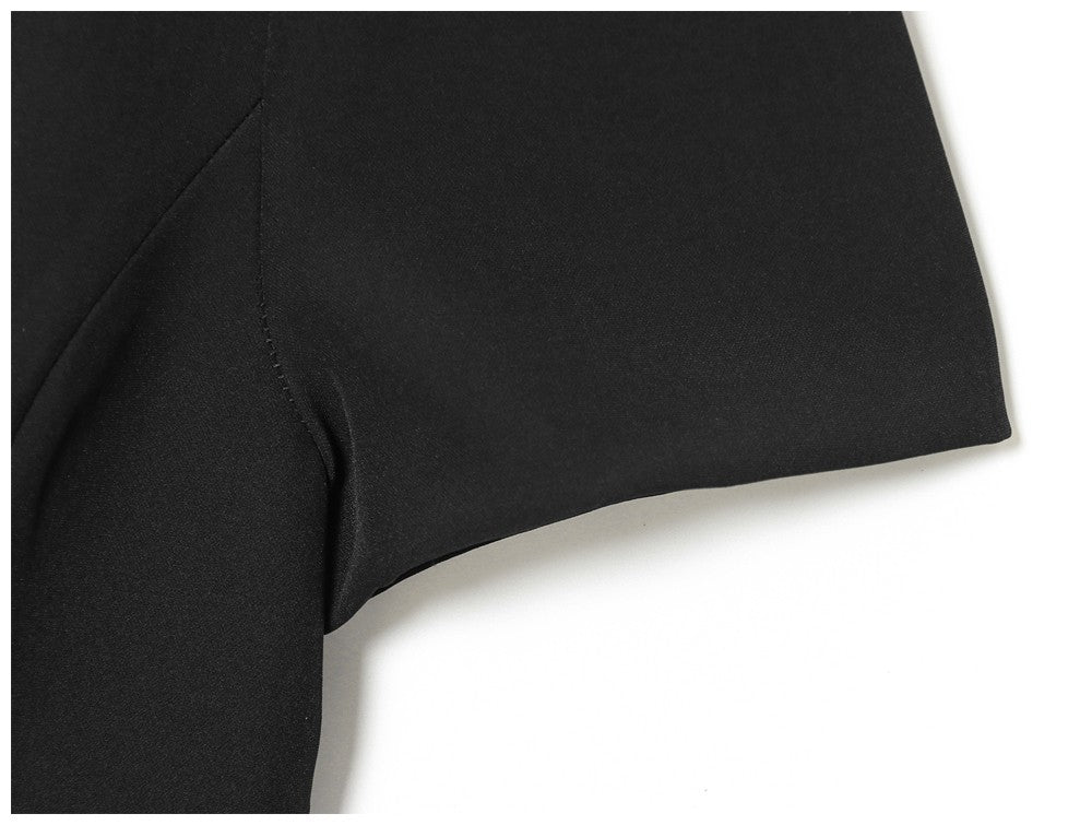 Women's black short puff sleeve mini dress with a stylish boat neckline design and pocket details, suitable for elegant occasion