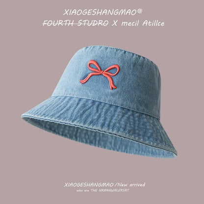 A Fisherman's Hat Three-Dimensional Embroidery Bow Travel Shopping Washed Denim Basin Hat