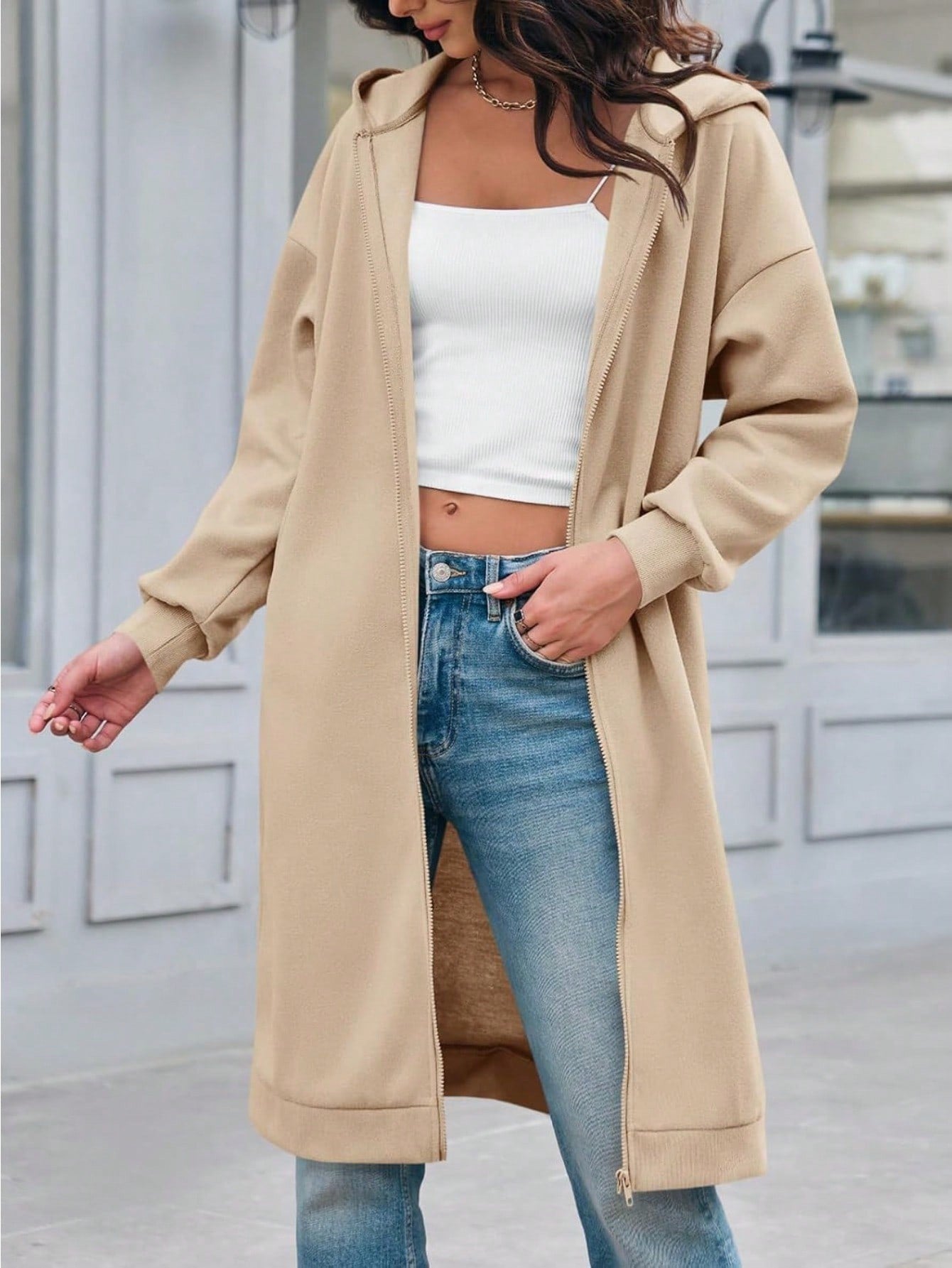 Fisoew lined Winter Coat Women Zip Up Hoodie Warm Long Tunic Sweatshirt With Pockets Outdoor Streetwear Jacket