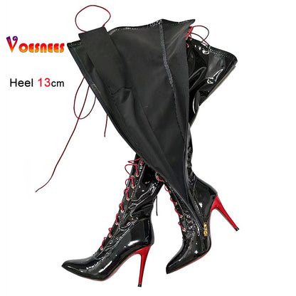 13CM Thin Heel Black Lace-up Over the knee Boots Woman Fetish Pointy Toe Boots Elastic Leather Thigh High Sexy Women Party Shoes