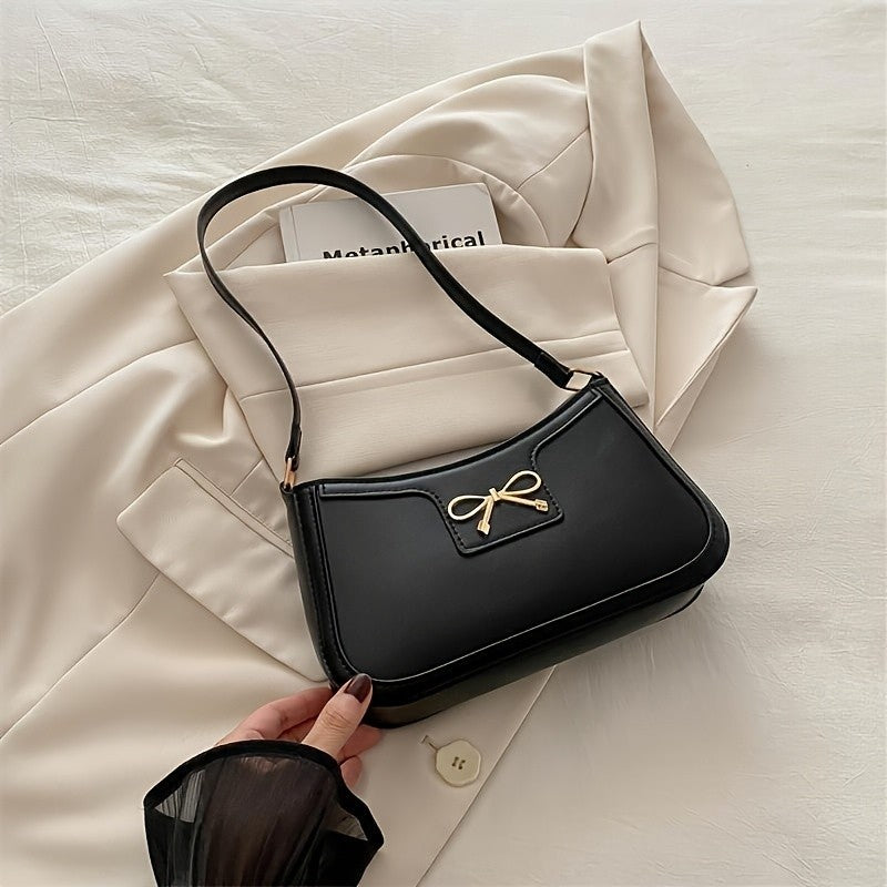 Chic Black Crescent Shoulder Bag for Women Elegant Underarm Purse with GoldenTone Bow Detail Polyester Lined Stylish PU Tote Bag