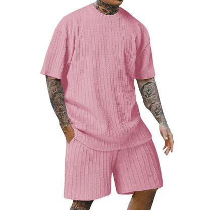 Men's new fashion summer sports solid color crew-neck vertical stripe T-shirt shorts short-sleeved suit Loose two-piece set