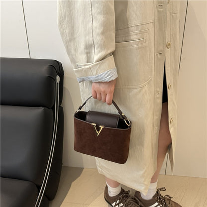 Fashionable Mini Suede Women's Bag, Faux Suede Tote Bag, Hardware Lock Buckle Decoration Handbag Purse Shoulder Cross Body Bags