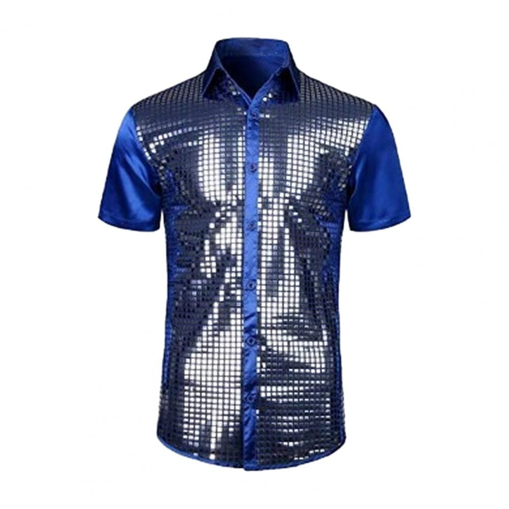 70s Shiny Surface Men Shirt Turn-down Collar Single-breasted Long Sleeves Buttons Cotton Shirt Club Party Disco Stage Show Shirt